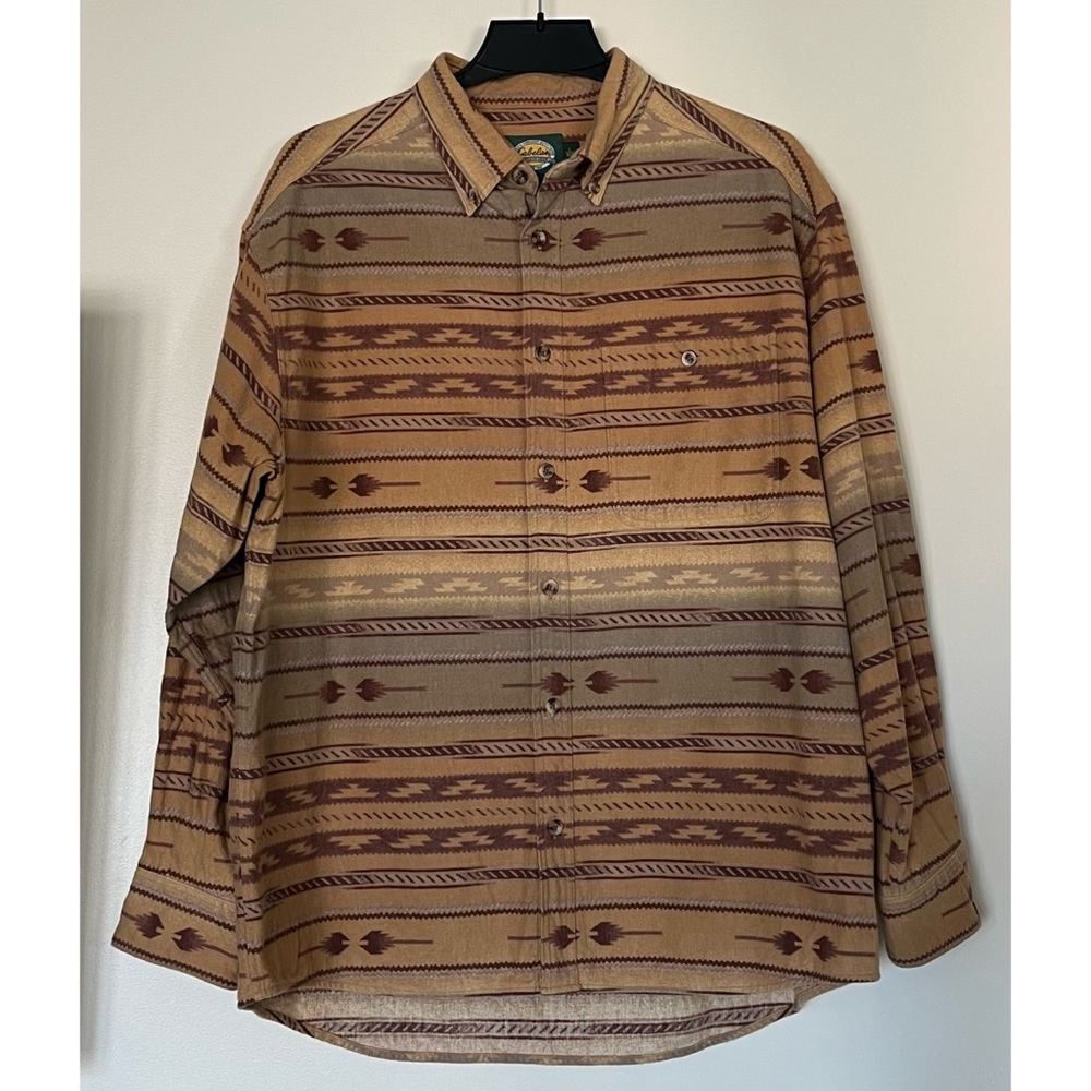 Cabelas Mens Brown Tan Striped Flannel Southwestern Aztec Shirt Size Large Reg